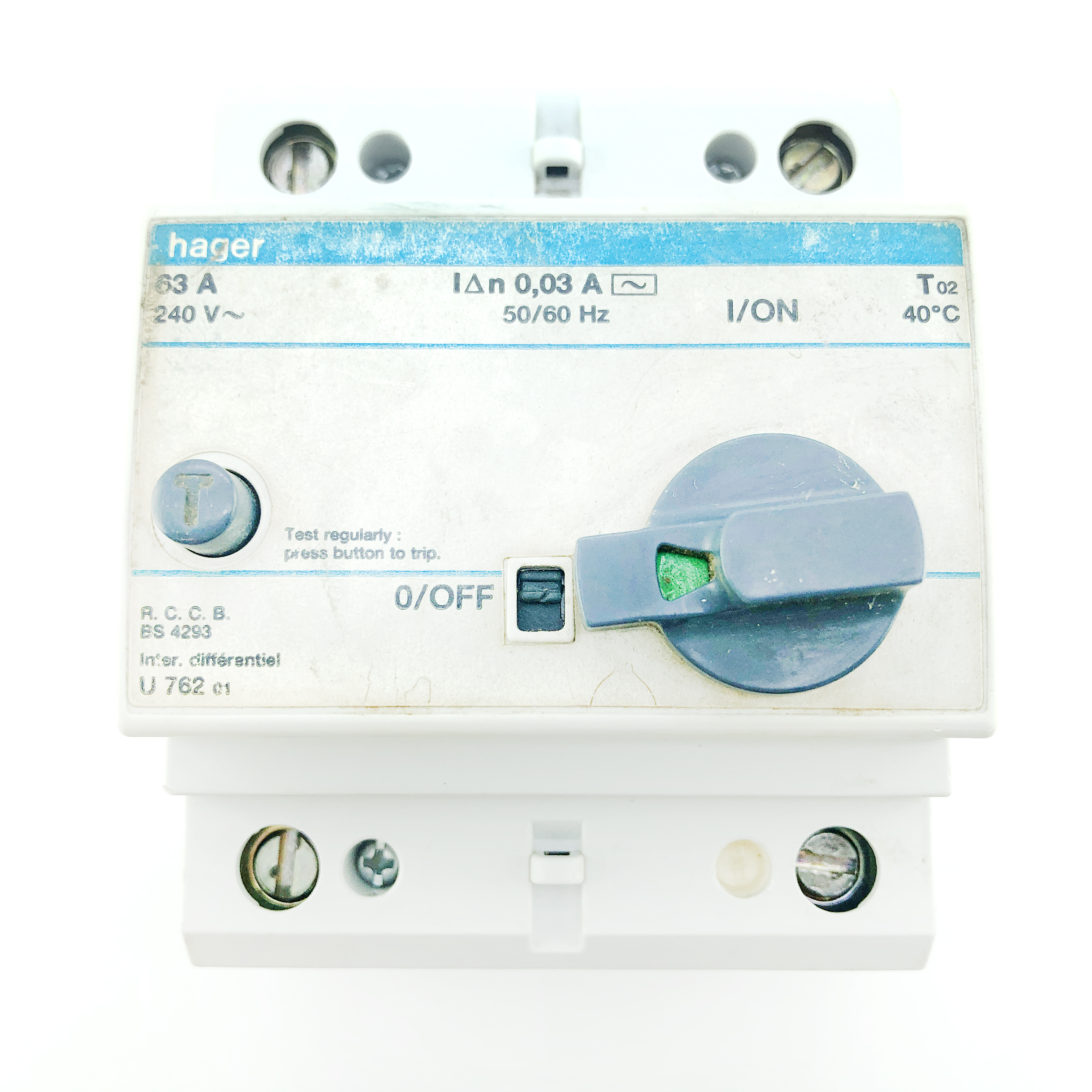 63A MCB with 30mA RCD 20470 Double Pole Hager U762 RCBO